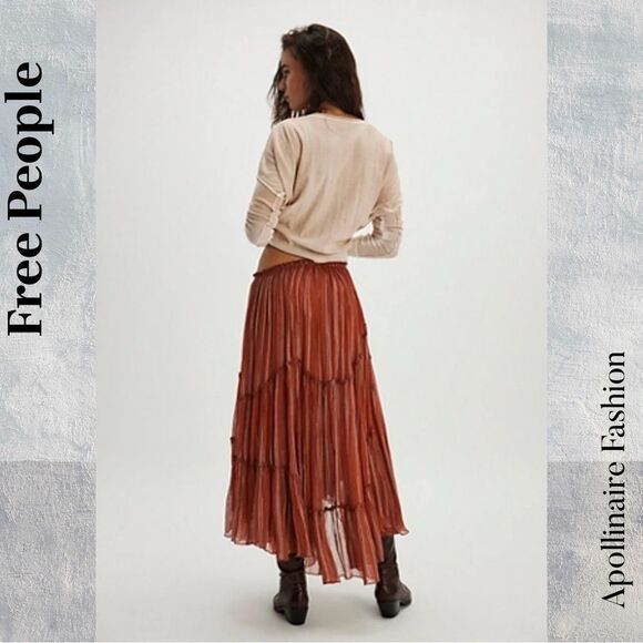 Free People Ember Terracotta Pleated Maxi Skirt Size SP New - Picture 3 of 7
